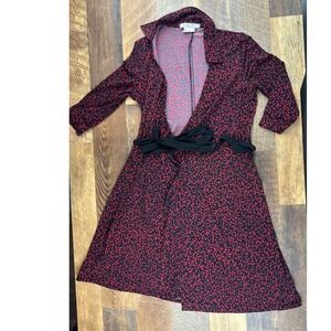 Vintage Y2K La Belle Red Black Print Dress Sz Small Wrap Style 3/4 Sleeve‎